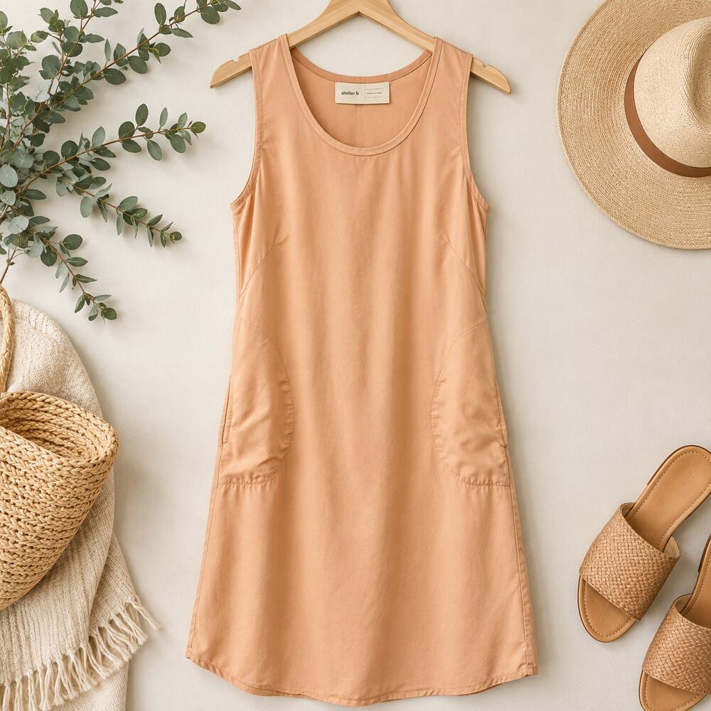 Atelier B Tank Dress Apricot Blush 100% Tencel A Line Pockets Women's M